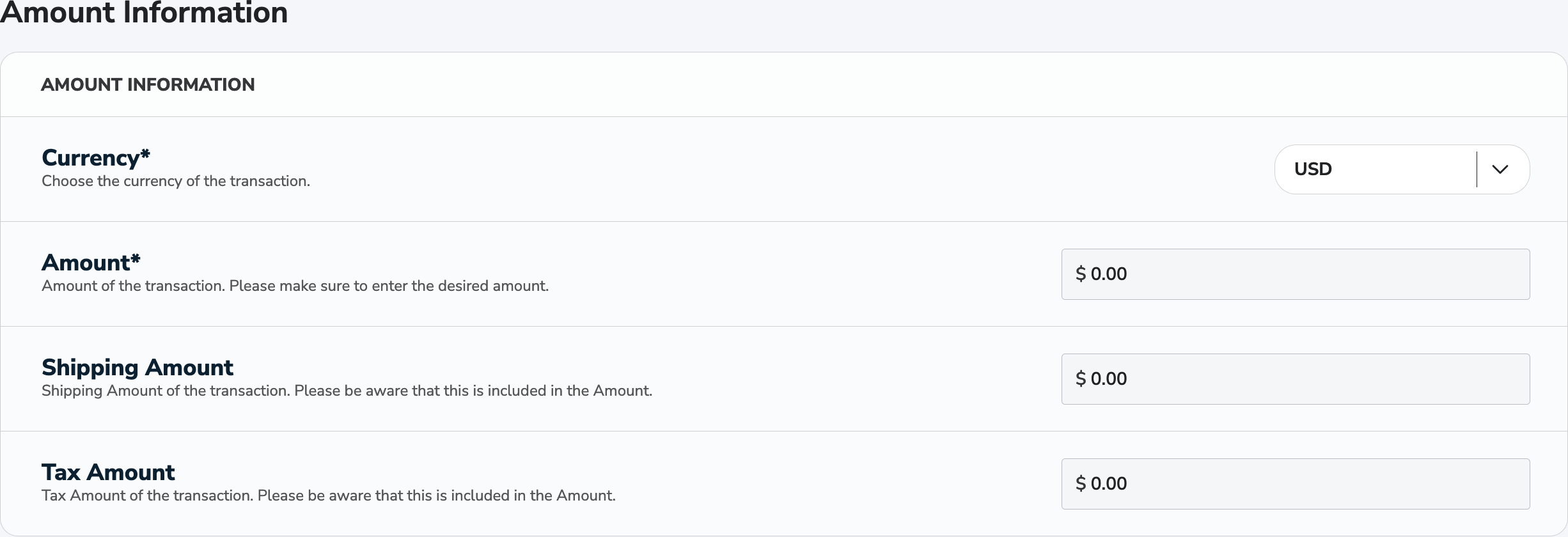 Virtual Terminal Amount Information Tab